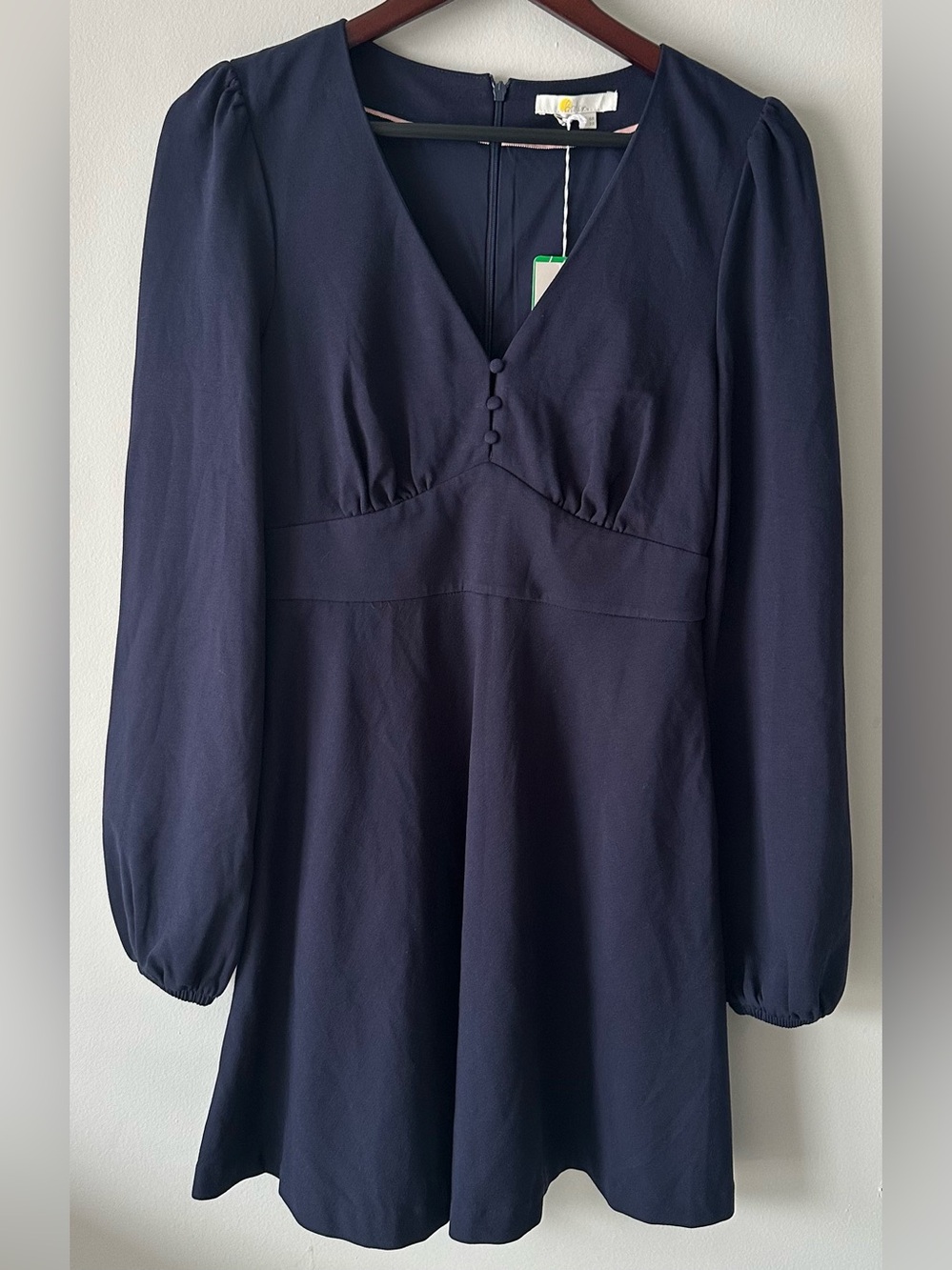 Boden V-Neck Jersey Tea Dress in Navy Blue with long puff sleeves, nwt, US 2R